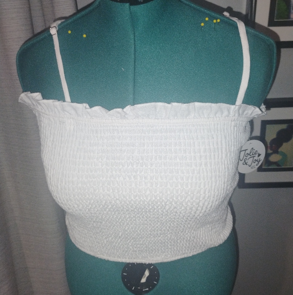 Smocked White Linen-Blend Crop Top, Sz XL - Picture 5 of 7